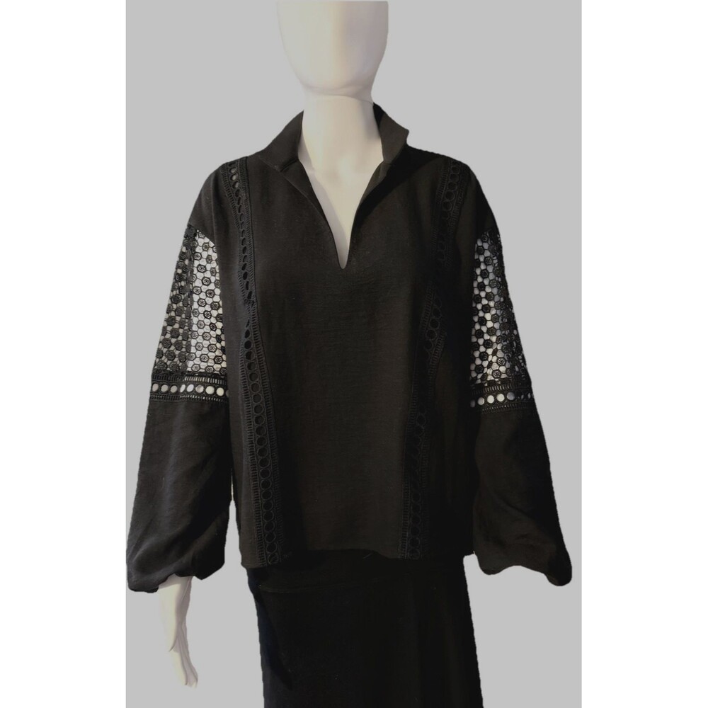 Tuckernuck Jane Black Eyelet Crochet Lace Long Sleeve Blouse Top Romantic SZ M
